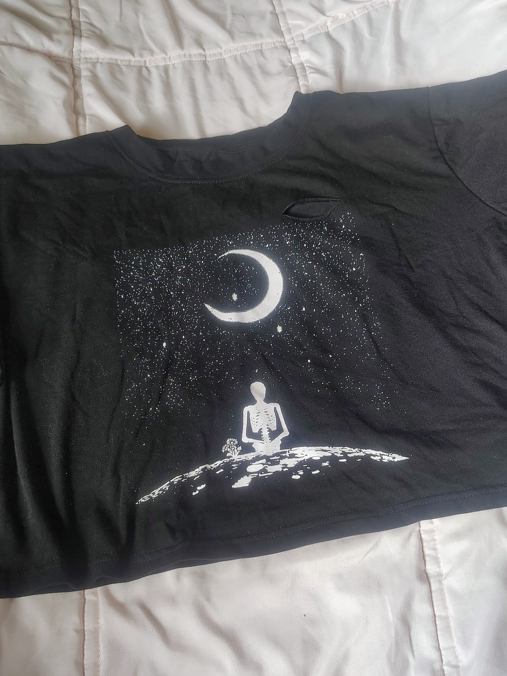 Black Crescent Moon & Skeleton Graphic Crop Tee - Women's Short Sleeve